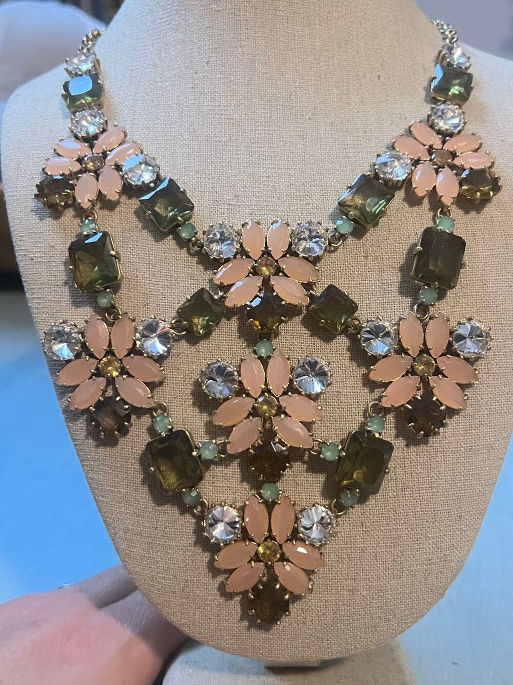 Vtg Stella & Dot Fluerette Necklace Pink & Green & Rhinestone Wedding Gala Party